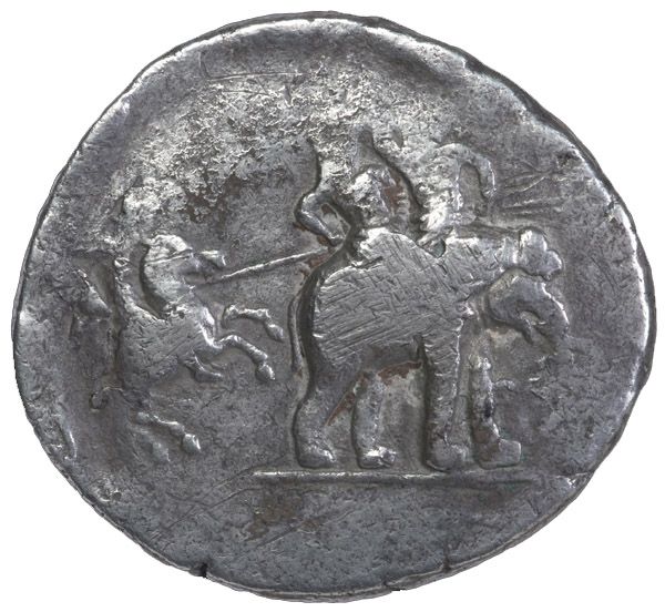 Le roi indien Poros sur un lphant, retournant sa lance contre un cavalier (Alexandre ?) le poursuivant. / Alexandre divinis tenant le foudre et le sceptre de Zeus.